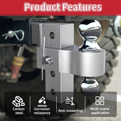 Mounted towing hitch with clevis pin, part of 144 Piece Clevis Pin And Cotter Pin Kit With 15 Sizes Zinc Plated Flat Head Pins R Clips Hair Pin Assortment For Automotive Repair Machinery And DIY Projects Durable Spring Steel Construction, showing carbon steel and corrosion resistance features