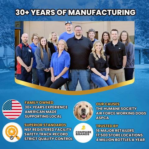 Group photo of company staff celebrating 30+ years of manufacturing with quality and trustworthiness emphasized.