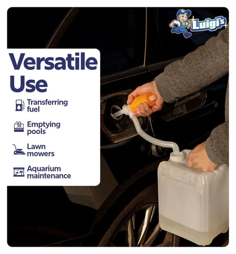 Siphon Pump for Water and Gasoline Transfer Manual Hand Pump for Lawn Mowers in use transferring fuel from can to vehicle.