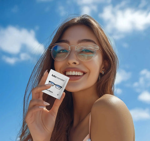 Smiling woman holding Anti Fog Lens Wipes For Glasses And Screens Premoistened Individually Wrapped under a blue sky.