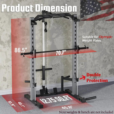 All In One Adjustable Smith Machine With Lat Pulldown System Multi Function Power Cage For Home Gym Cable Crossover Squat Rack Training Equipment With Attachments in home setting.