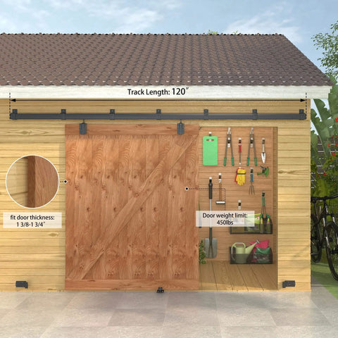 10 Foot Black Box Rail Exterior Barn Door Hardware Kit for Smooth Sliding, Heavy Duty Track System installed on wooden shed.