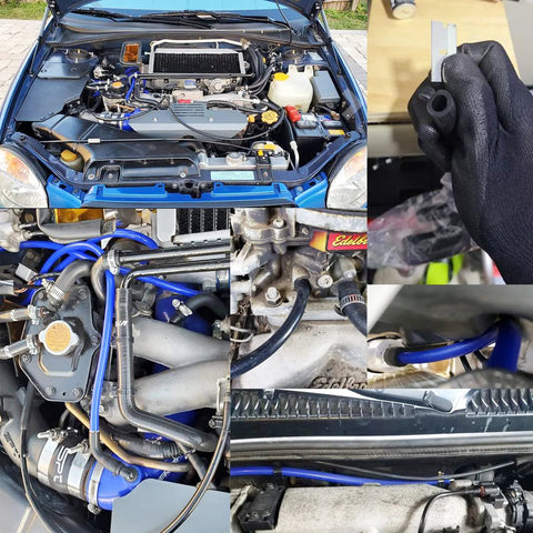 Silicone vacuum tubing hose in engine bay; blue hoses and clamps visible