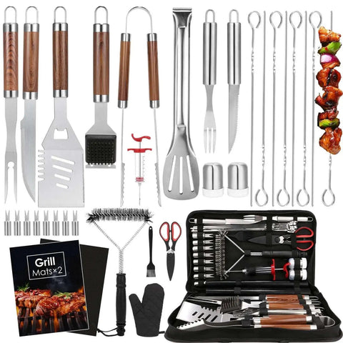 34 Piece Heavy Duty BBQ Grilling Accessories Kit For Outdoor Grilling And Camping With Stainless Steel Utensils Spatula Tongs Fork