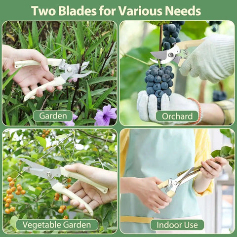 All Purpose Pruning Shears Set With Stainless Steel Blades in garden, orchard, vegetable garden, and indoor use scenes