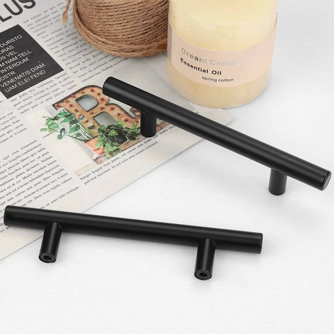 10 Pack 256mm Center To Center Black Bar Cabinet Pulls Modern T Bar Handles on table, hollow stainless steel, 12mm diameter, 32mm projection