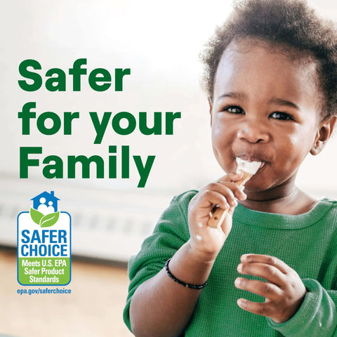 Child in green shirt enjoying a treat next to text reading 'Safer for your Family' with Safer Choice logo.