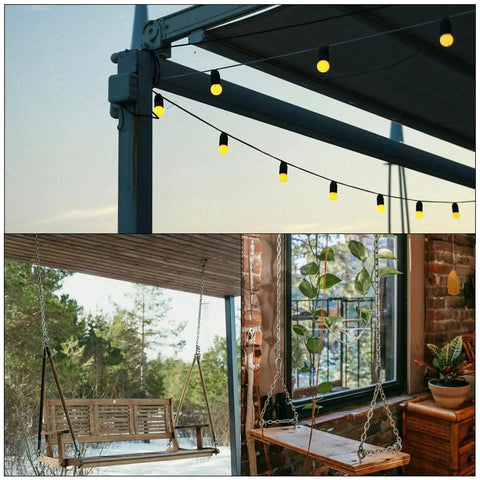 Outdoor string lights under a pergola, a wooden swing hanging from a porch, and an indoor swing seat near a window with plants.