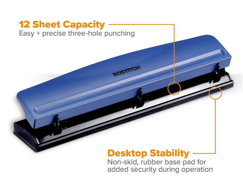 Office Premium 3 Hole Punch That Handles 12 Sheets, heavy duty metal body with rubber base for desk protection and stability.