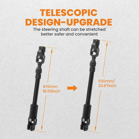 Image of Adjustable Length Power Steering Intermediate Shaft For Jeep Cherokee 1984-1994 showing telescopic range 470mm to 530mm.