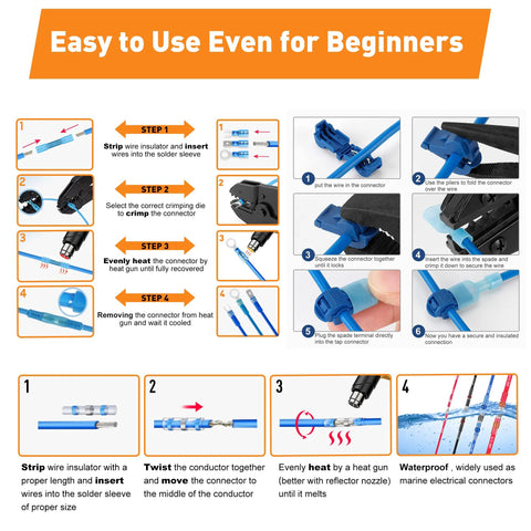 Kuject heat shrink wire connectors kit instructional infographic showing steps to strip, crimp, heat, and seal