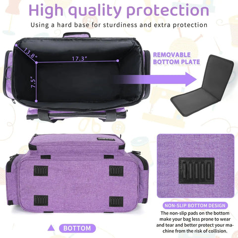 Bottom view of Portable Sewing Machine Case With Wheels And Shoulder Strap, showing dimensions and removable bottom plate