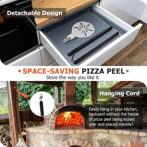 9 Inch Perforated Pizza Peel Turning Paddle With Extra Long Detachable Handle For Rotating Sliding Pizza Heavy Gauge Stainless Steel Spatula Oven Safe Easy Cleanup For Home Chefs Joyfair stored in drawer