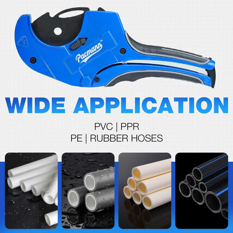 Image of Beast Mode Heavy Duty Ratchet Pipe Cutter For PEX PVC PPR Hoses Up To 2 1/2 Inches. Blue cutter showing wide application.