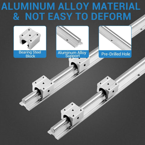 Aluminum Alloy Linear Guide Rail Kit 2 Pack SBR 16 800mm Round Rails For Smooth Motion with bearing steel blocks and pre-drilled holes.
