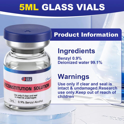 Front view of a 5 mL glass vial with blue cap; label shows Reconstitution Solution and 0.9% benzyl alcohol
