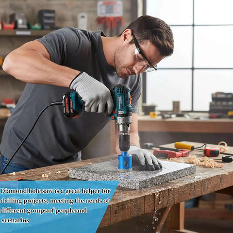 Person using power drill with Three Quarter Inch Diamond Core Drill Bits Vacuum Brazed Hole Saw for ceramic on stone surface.