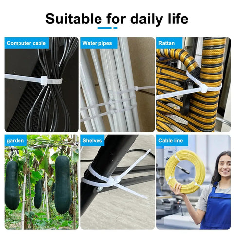 Collage showing 12 Inch Zip Ties 100 Pack Clear UV Resistant Industrial Cable Ties securing cables, pipes, rattan, plants, and shelves.
