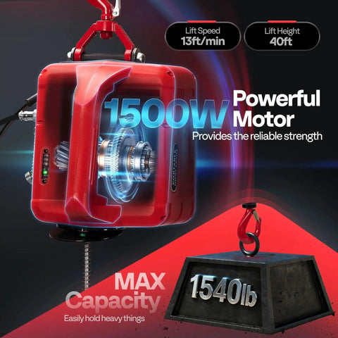 3-In-1 Electric Hoist Winch 1540Lb Lift With Wireless Remote And Wired Control showing motor power and lift capacity