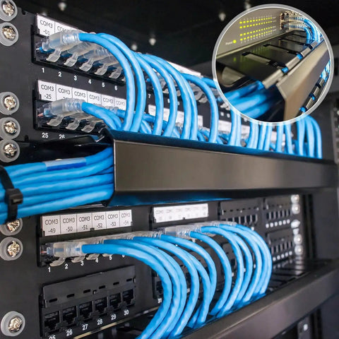 Two Pack 1U 19 Inch Cable Manager For Network Cabinets, 24 Slot Horizontal Wire Organizer neatly managing blue cables in data center rack.