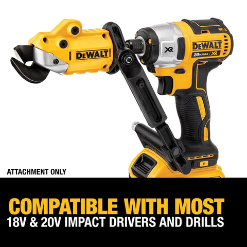 Beefy Heavy Duty Metal Shear Drill Attachment With 360 Degree Pivoting Head For Cutting 18 Gauge Metal And More Like Sheet Metal Duct Shingles Vinyl Siding Cardboard And Rubber Using Your 18V To 20V Drill Impact Ready One Quarter Inch Hex Shank DeWalt