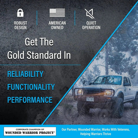 Off-road vehicle in forest with text highlighting robust design, reliability, and performance, supporting Wounded Warrior Project.