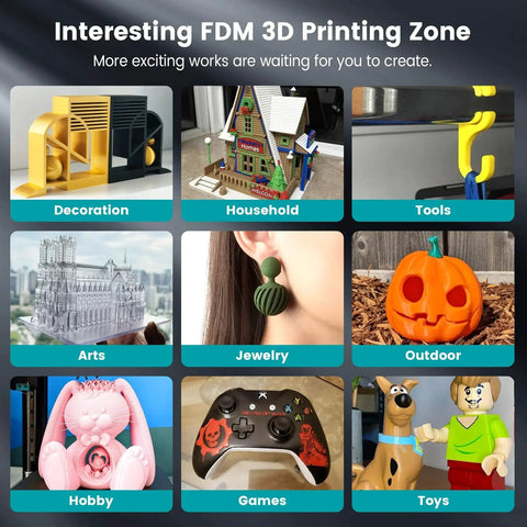 Grid of 3D printed items in arts, jewelry, outdoor, hobby, games, and toys categories labeled 'Interesting FDM 3D Printing Zone'