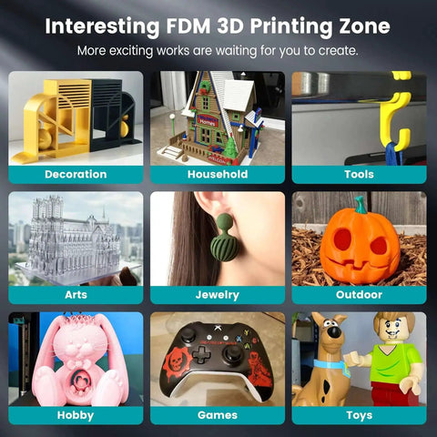 A collage of 3D printed items including decorations, a model house, tools, arts, jewelry, a pumpkin, a bunny, a game controller, and toys.