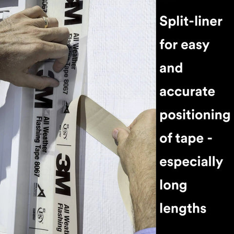 Applying All-Weather Adhesive Flashing Tape 8067, 3 in x 75 ft, on wood frame with split liner visible