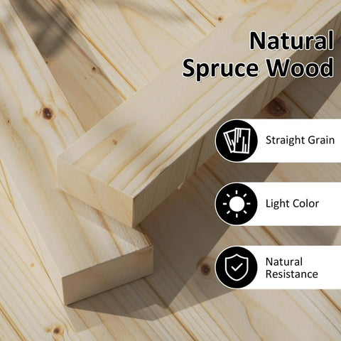 Close-up of natural spruce wood panels, straight grain texture, light color, showing durability and natural resistance features.