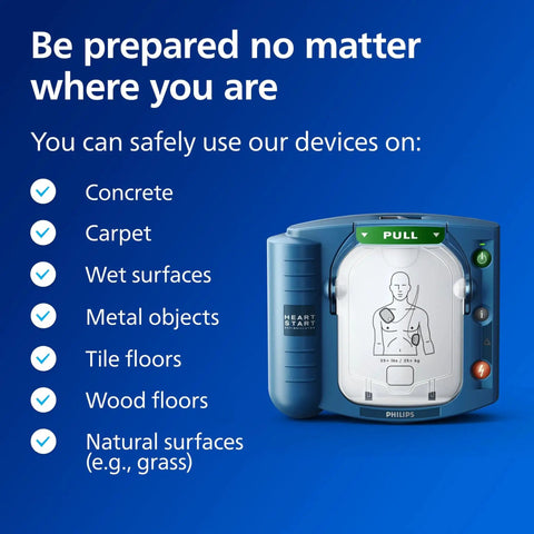 OnSite AED Defibrillator With Portable Emergency Medical Kit, Real Time CPR Guidance And Voice Prompts, Slim Carry Case, compatible surfaces.