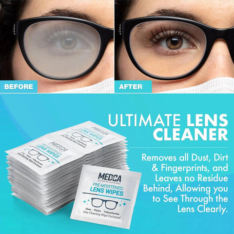 Premoistened Lens Cleaning Wipes for Glasses, Pack of 100, Streak Free; before and after eyeglass cleaning results.