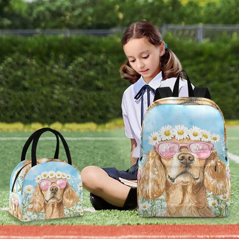 Dog Daisy Sunglass Themed Backpack With Insulated Cooler Lunch Box in scratch-resistant nylon with girl on grass field