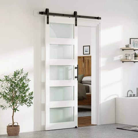 Glass Barn Door 28 x 84 In With 5 Ft Sliding Hardware Kit And Handle, Pre-Drilled Ready To Assemble, Waterproof PVC Coating, White, 5 Panel Frosted And Clear Glass For Living Room, Bathroom, Bedroom installed view