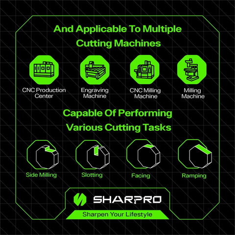 Graphic displaying CNC and milling machine applications for Carbide Square End Mill 1 Quarter Inch Shank 4 Flute CNC End Mills 5 Piece Set Heat Resistant For Alloy Steel Stainless Steel And Cast Iron Great For Precision Cutting And Smooth Finishes SHAPPRO