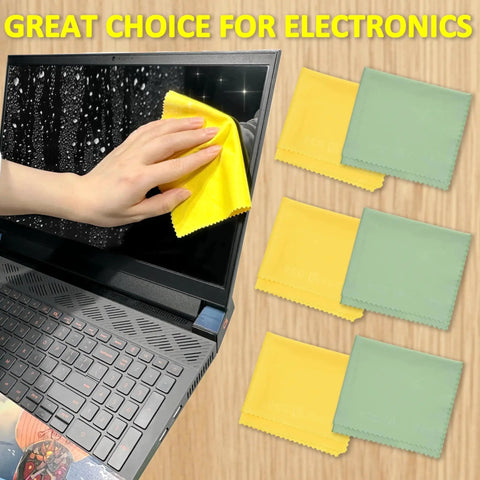 Cleaning laptop screen with yellow microfiber cloth from Premium Microfiber Cleaning Cloths 12 Pack For Glasses Cameras And Screens