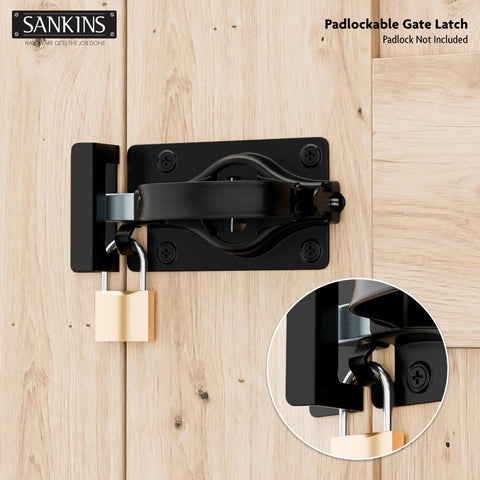 Heavy Duty Swinging Barn Door Latch With Dual Sided Handle for Inside and Outside Access on gates, shown with padlock.