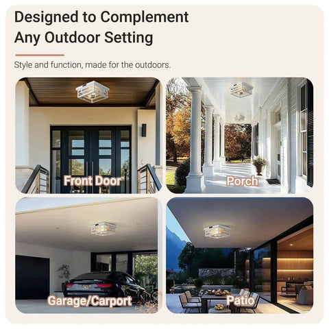 Outdoor Flush Mount Motion Sensor White Ceiling Light With Seeded Clear Glass Timeless Industrial Design installed on porch, patio, garage, entryway.