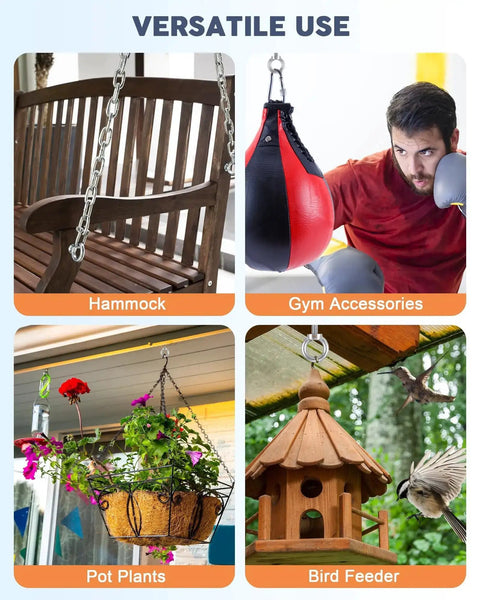 Versatile use of Workhorse Stainless Steel Eye Bolts: for hammocks, gym accessories, potted plants, and bird feeders.