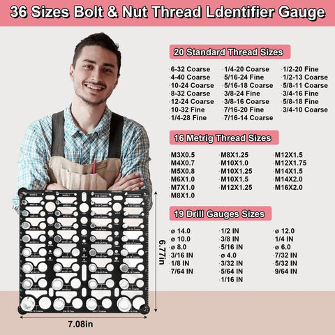 Man holding Bolt Thread Checker Gauge Kit Identifies 36 Thread Sizes Including 20 Imperial And 16 Metric From M3 X 0.5 To M16 X 2.0