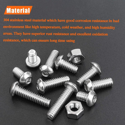 65 Piece Socket Cap Screws Set In Five Sizes 1/4-20 X 3/8 Inch 1/2 Inch 5/8 Inch 3/4 Inch And 1 Inch 304 Stainless Steel Button Head UNC Thread scattered on black