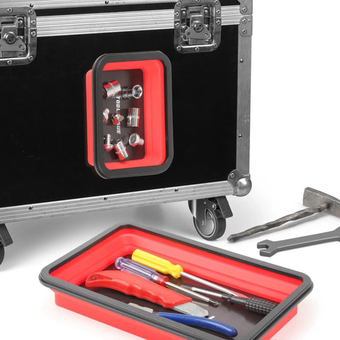 Collapsible Magnetic Parts Tray Set With 15Lb Magnetic Pickup Pen, 3 Size Silicone Foldable Tool Trays holding tools and parts on toolbox.