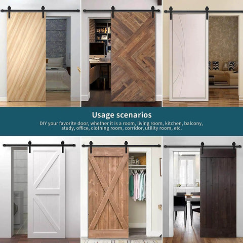 Variety of sliding barn doors installed, showcasing different wood textures and styles using Beefy Heavy Duty Sliding Barn Door Hardware Kit for 6ft Single Door