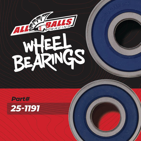 Image of All Balls Racing wheel bearings with part number 25-1191, showing round, blue rubber-sealed design. 