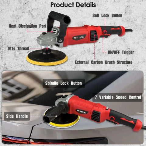 Beast 1400W Rotary Car Polisher with 6 and 7 inch pads, showcasing features like variable speed, position on car surface.