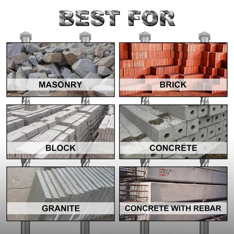 Image showing masonry, brick, block, concrete, granite, and concrete with rebar, indicating surfaces for drill bit use in product set