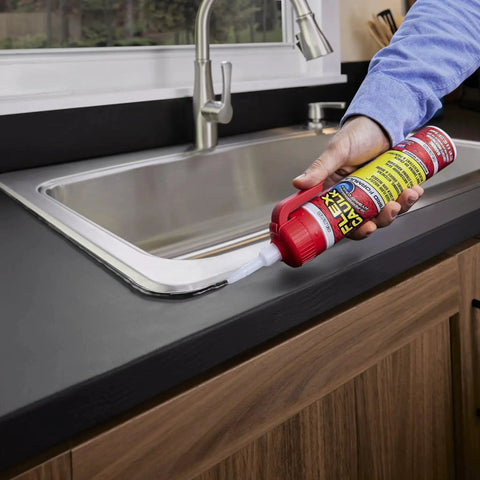 Applying Waterproof Hybrid Caulk Sealant Paintable Indoor Outdoor No Caulk Gun Needed around kitchen sink edge