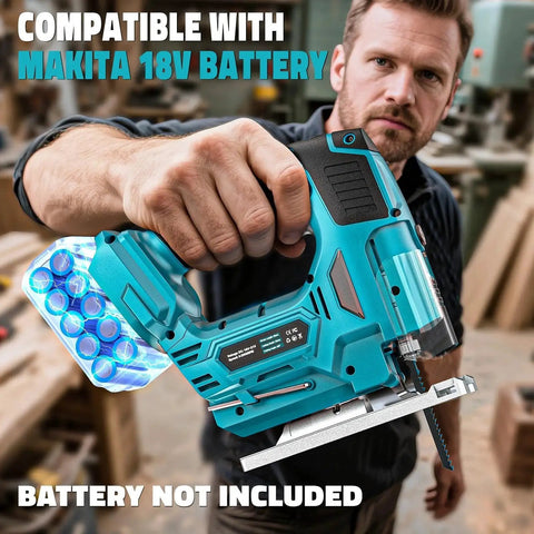 Man using Cordless Jigsaw With Laser Guide For Makita 18V Battery, Cerycose Compatible Jig Saw With 800W Motor And 3000 RPM