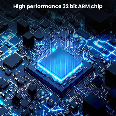 High performance 32-bit ARM chip on a circuit board with glowing blue accents.