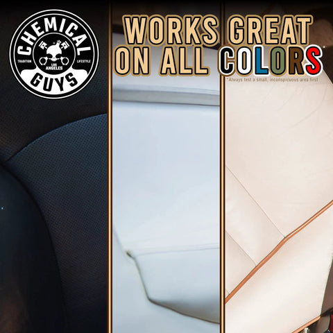 Leather Cleaner For Cars And Home Interiors Colorless Odorless No Fuss Formula Safe On Natural And Synthetic Leather Pleather And Faux Leather Removes Dirt Grease Oils Sweat 473 Ml shown cleaning various leather colors.
